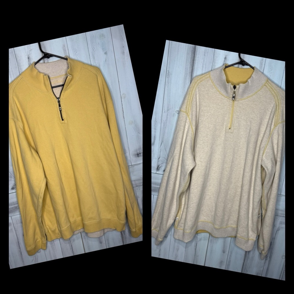 Tommy Bahama Sweater Men's XXL Yellow 1/4 Zip Pullover Long Sleeve Reversible